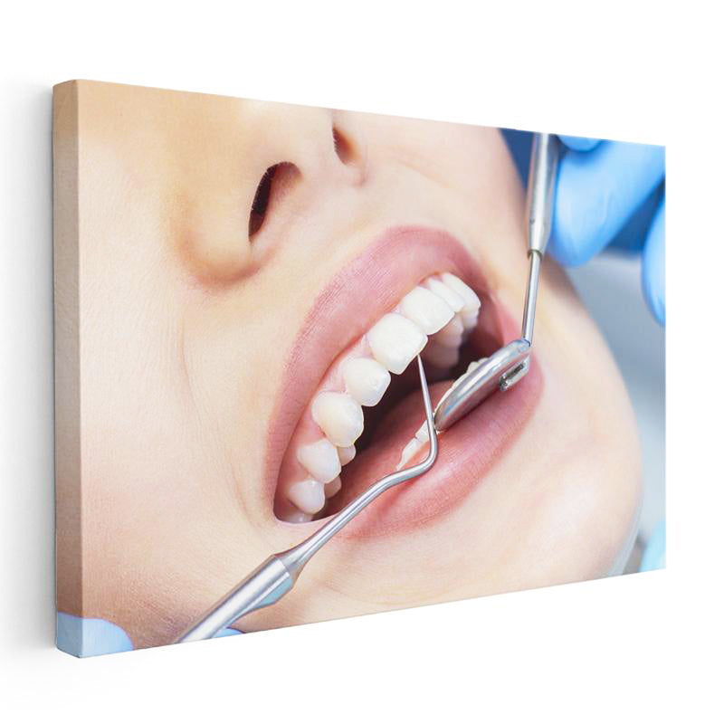 Yatay Kanvas Tablo Metal Sond İle Diş Muayene Detayı Diş Hekimi Tablosu Ev Ofis Duvar Dekoru