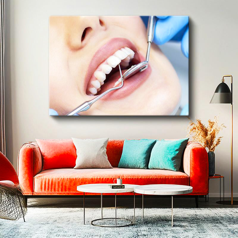 Yatay Kanvas Tablo Metal Sond İle Diş Muayene Detayı Diş Hekimi Tablosu Ev Ofis Duvar Dekoru