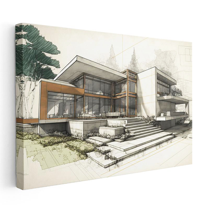 Yatay Kanvas Tablo Modern Villa Mimari Tasarım Eskizi Mimar Tablosu Ev Ofis Duvar Dekoru