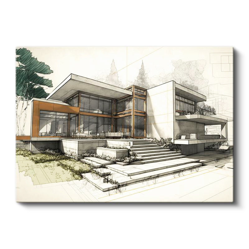 Yatay Kanvas Tablo Modern Villa Mimari Tasarım Eskizi Mimar Tablosu Ev Ofis Duvar Dekoru