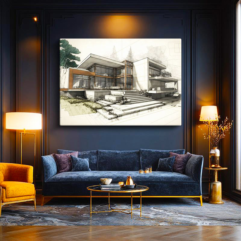 Yatay Kanvas Tablo Modern Villa Mimari Tasarım Eskizi Mimar Tablosu Ev Ofis Duvar Dekoru