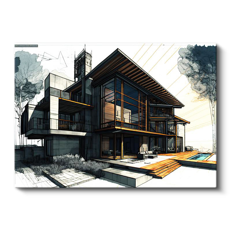 Yatay Kanvas Tablo Havuzlu Villa Mimari Teknik Çizimi Mimar Tablosu Ev Ofis Duvar Dekoru