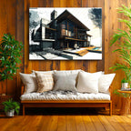 Yatay Kanvas Tablo Havuzlu Villa Mimari Teknik Çizimi Mimar Tablosu Ev Ofis Duvar Dekoru