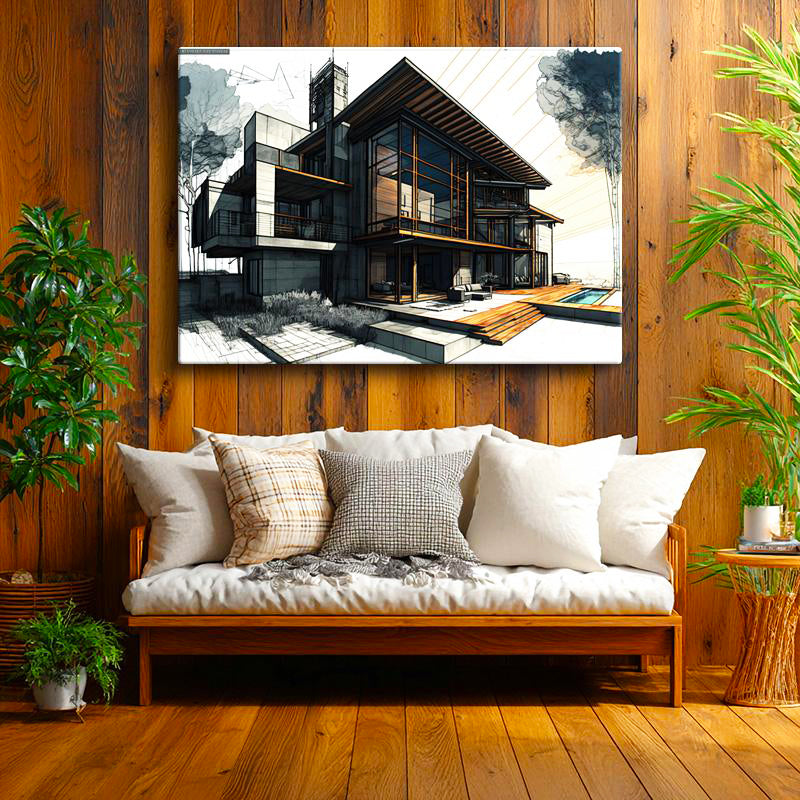 Yatay Kanvas Tablo Havuzlu Villa Mimari Teknik Çizimi Mimar Tablosu Ev Ofis Duvar Dekoru