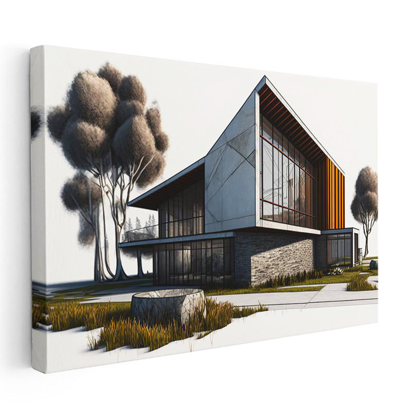 Yatay Kanvas Tablo Keskin Hatlı Betonarme Yapı Tasarımı Mimar Tablosu Ev Ofis Duvar Dekoru