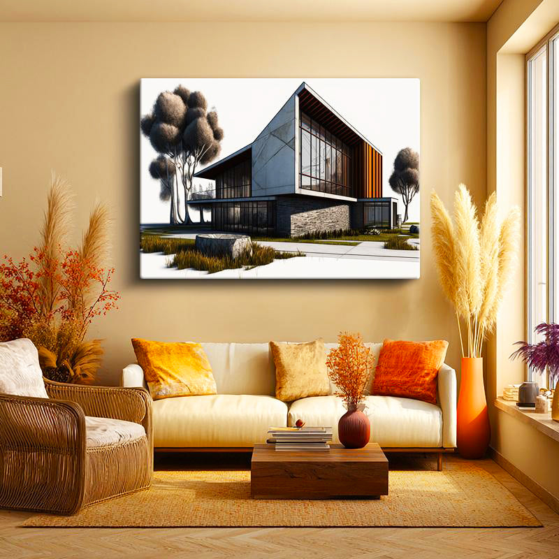 Yatay Kanvas Tablo Keskin Hatlı Betonarme Yapı Tasarımı Mimar Tablosu Ev Ofis Duvar Dekoru