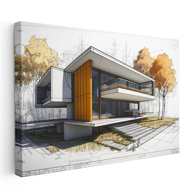 Yatay Kanvas Tablo Doğa İçinde Modern Konut Projesi Mimar Tablosu Ev Ofis Duvar Dekoru