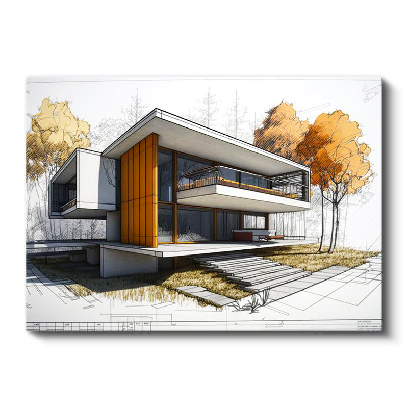 Yatay Kanvas Tablo Doğa İçinde Modern Konut Projesi Mimar Tablosu Ev Ofis Duvar Dekoru