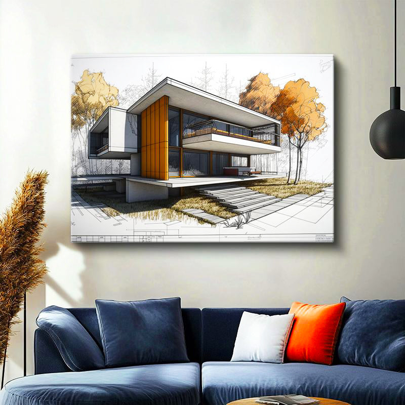 Yatay Kanvas Tablo Doğa İçinde Modern Konut Projesi Mimar Tablosu Ev Ofis Duvar Dekoru