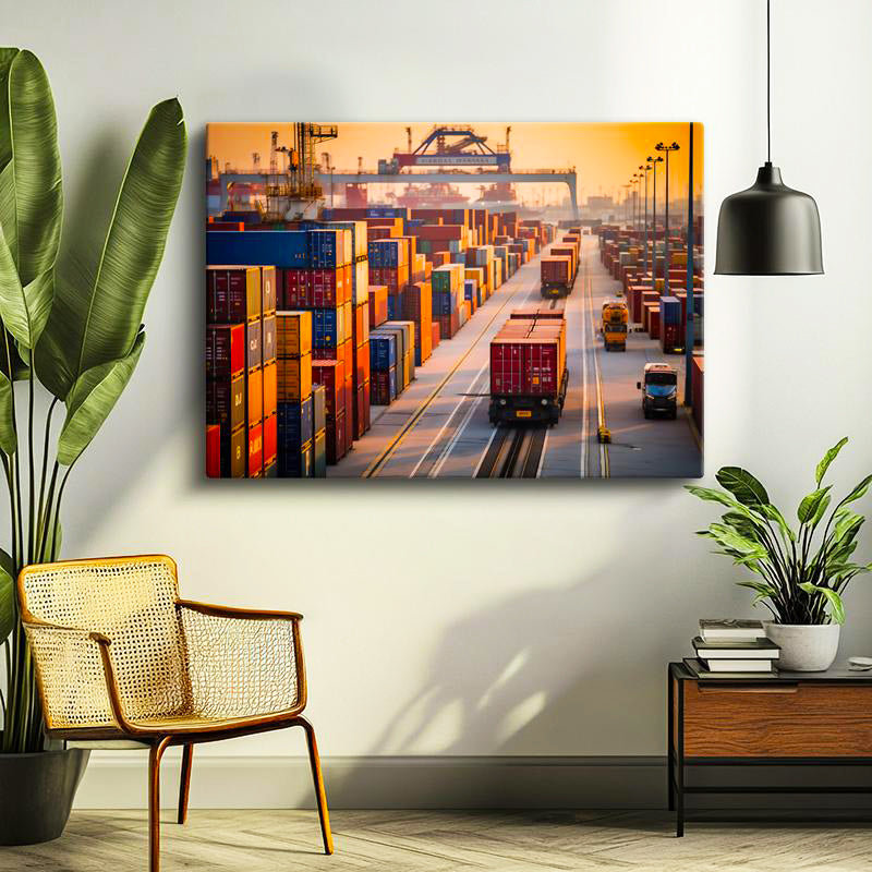 Yatay Kanvas Tablo Liman Vinçleri Ve Konteynerler Lojistik Uzmanı Tablosu Ev Ofis Duvar Dekoru