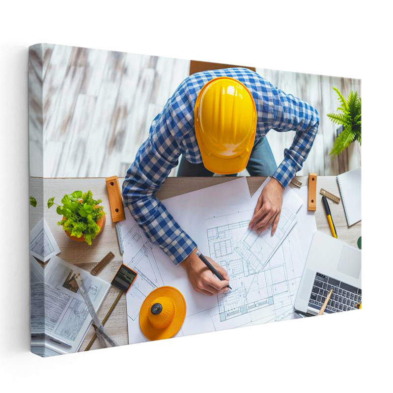 Yatay Kanvas Tablo Sarı Baretli Proje Çizimi Mimar Tablosu Ev Ofis Duvar Dekoru