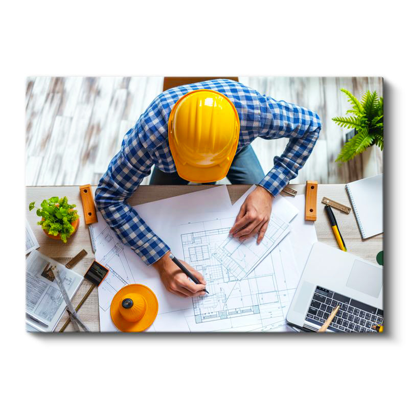 Yatay Kanvas Tablo Sarı Baretli Proje Çizimi Mimar Tablosu Ev Ofis Duvar Dekoru
