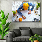 Yatay Kanvas Tablo Sarı Baretli Proje Çizimi Mimar Tablosu Ev Ofis Duvar Dekoru