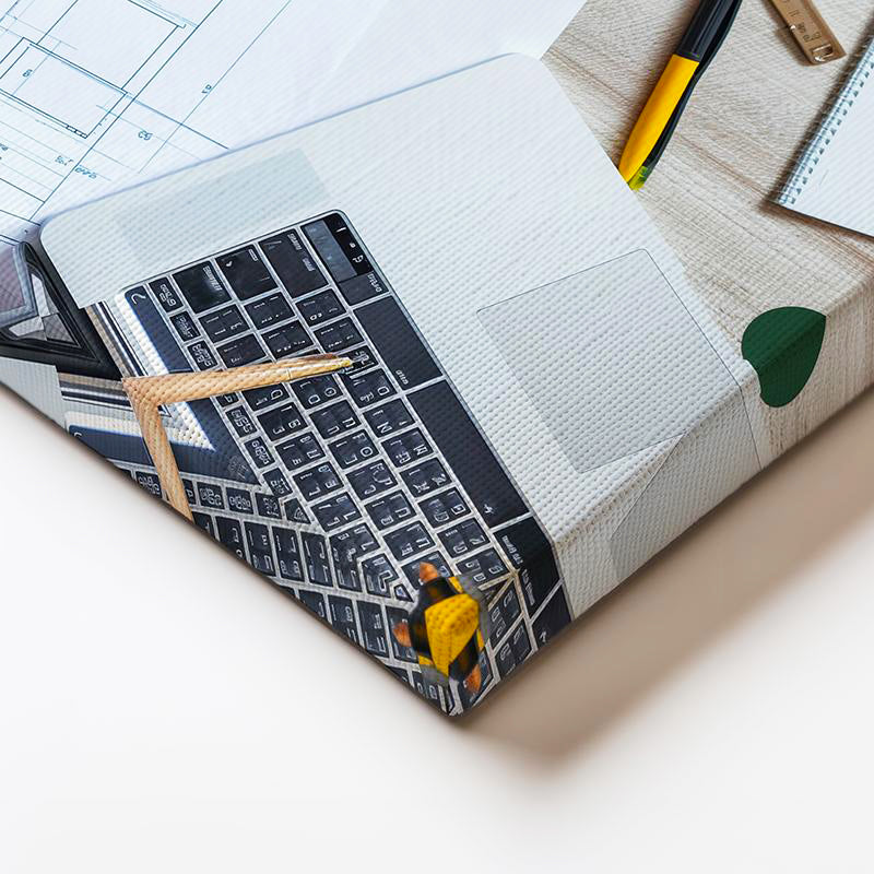 Yatay Kanvas Tablo Sarı Baretli Proje Çizimi Mimar Tablosu Ev Ofis Duvar Dekoru