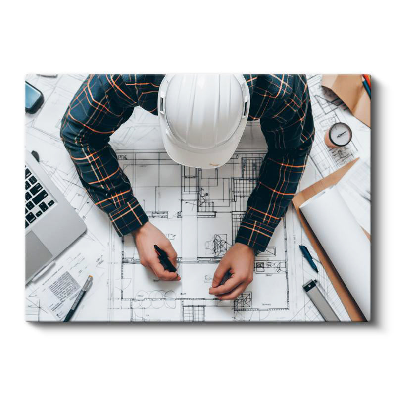 Yatay Kanvas Tablo Beyaz Baret Ve Teknik Çizim Masası Mimar Tablosu Ev Ofis Duvar Dekoru