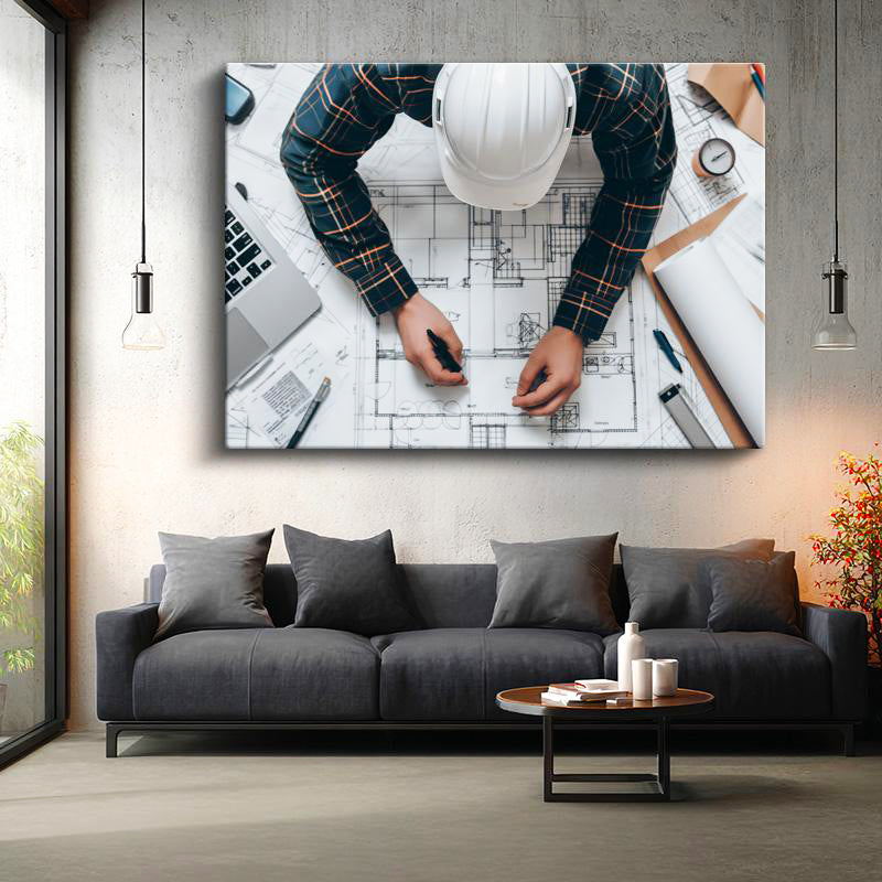 Yatay Kanvas Tablo Beyaz Baret Ve Teknik Çizim Masası Mimar Tablosu Ev Ofis Duvar Dekoru