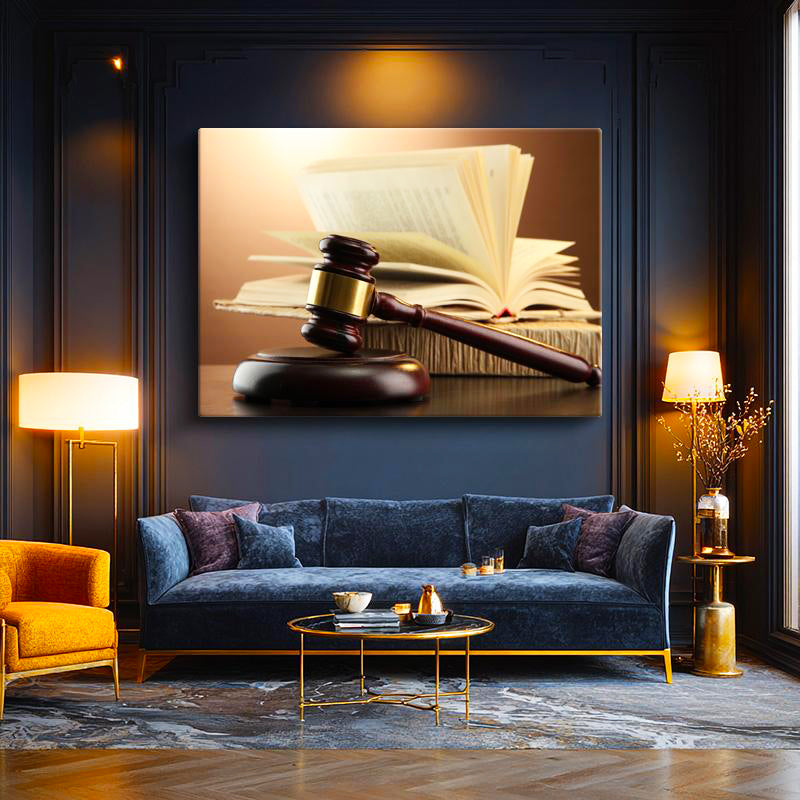 Yatay Kanvas Tablo Açık Hukuk Kitabı Ve Tokmak Avukat Tablosu Ev Ofis Duvar Dekoru