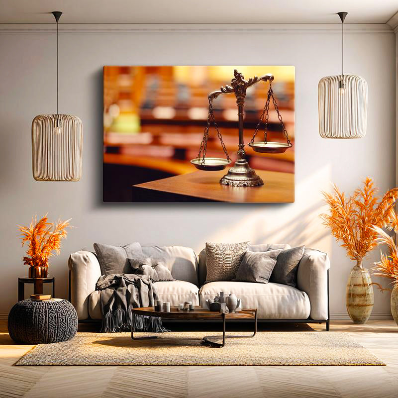 Yatay Kanvas Tablo Pirinç Adalet Terazisi Avukat Tablosu Ev Ofis Duvar Dekoru