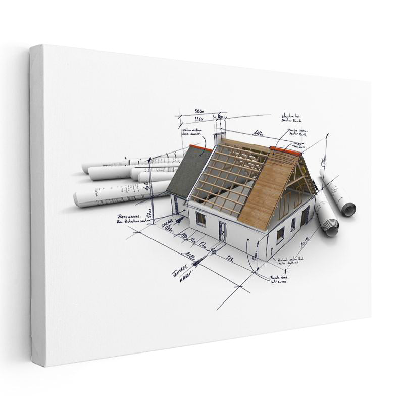 Yatay Kanvas Tablo Ev İskeleti Teknik Çizim Projesi Mimar Tablosu Ev Ofis Duvar Dekoru