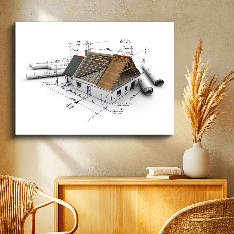 Yatay Kanvas Tablo Ev İskeleti Teknik Çizim Projesi Mimar Tablosu Ev Ofis Duvar Dekoru