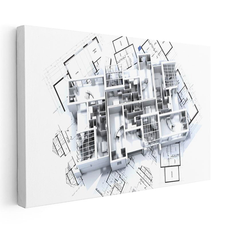 Yatay Kanvas Tablo Gri Tonlu Detaylı Mimari Kat Planı Mimar Tablosu Ev Ofis Duvar Dekoru
