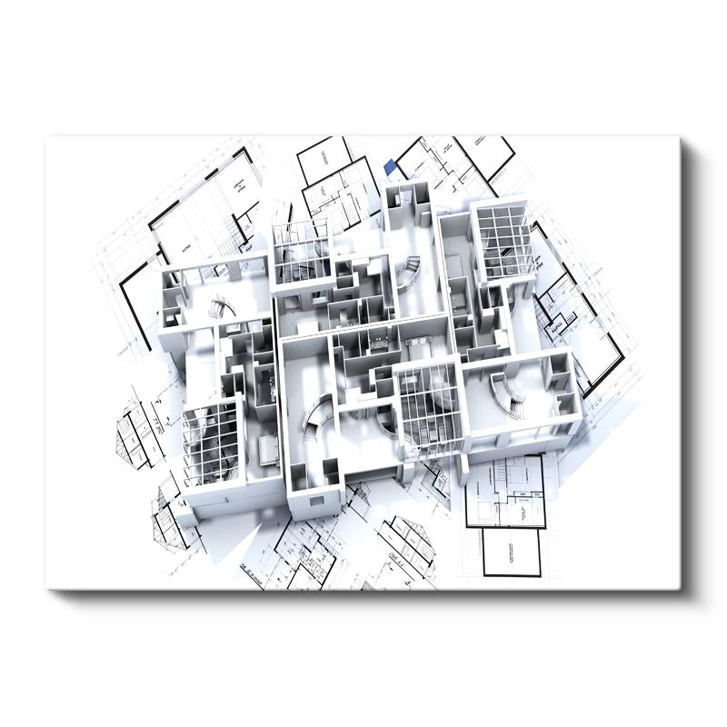 Yatay Kanvas Tablo Gri Tonlu Detaylı Mimari Kat Planı Mimar Tablosu Ev Ofis Duvar Dekoru