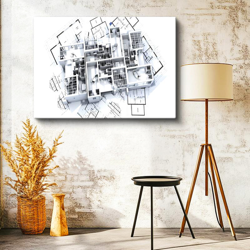 Yatay Kanvas Tablo Gri Tonlu Detaylı Mimari Kat Planı Mimar Tablosu Ev Ofis Duvar Dekoru
