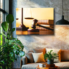 Yatay Kanvas Tablo Tokmak Ve Arka Planda Terazi Avukat Tablosu Ev Ofis Duvar Dekoru