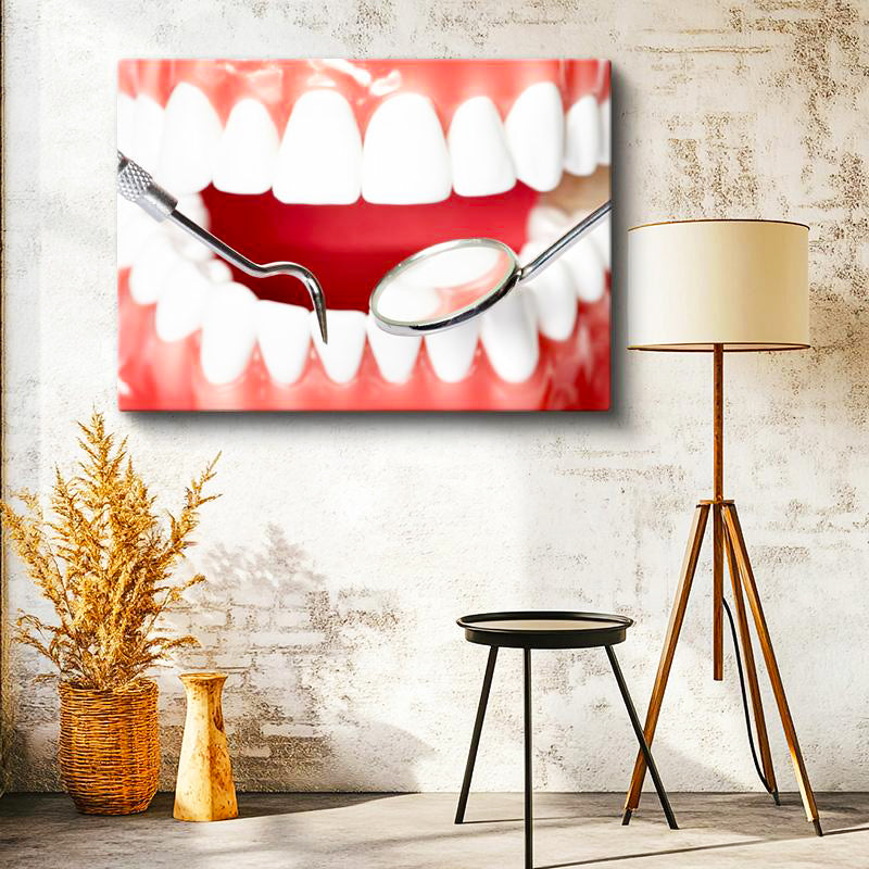 Yatay Kanvas Tablo Diş Eti Muayenesi Ve Ayna Diş Hekimi Tablosu Ev Ofis Duvar Dekoru