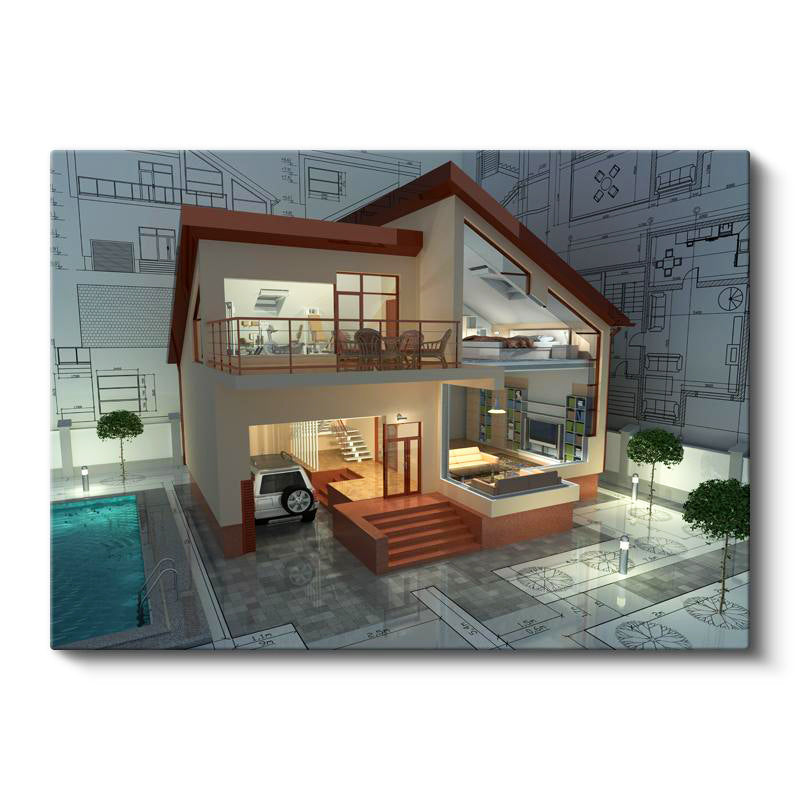 Yatay Kanvas Tablo Kesit Ev Modeli Ve İç Mekan Mimar Tablosu Ev Ofis Duvar Dekoru