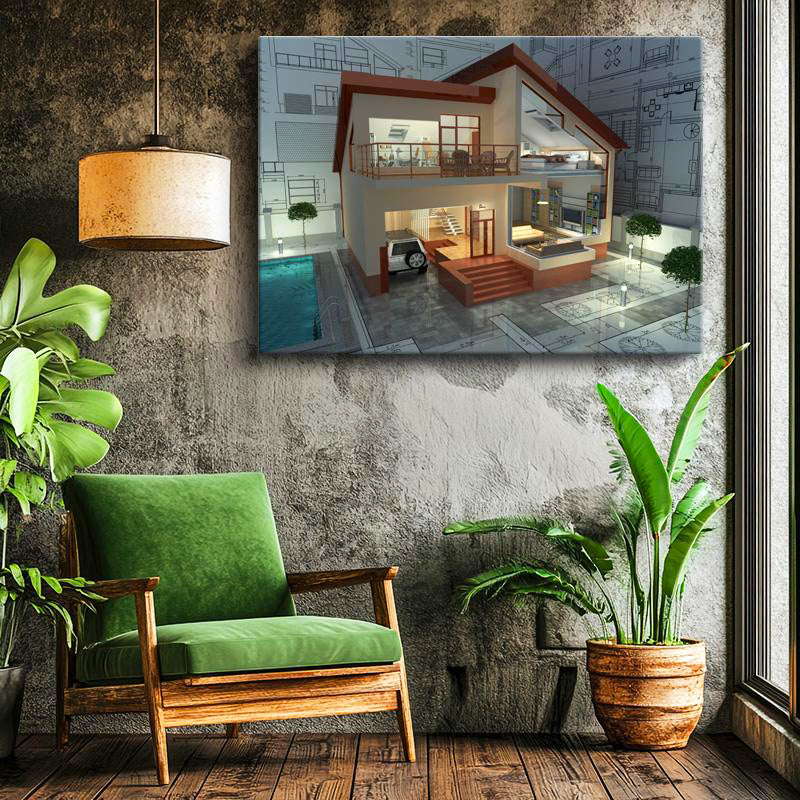 Yatay Kanvas Tablo Kesit Ev Modeli Ve İç Mekan Mimar Tablosu Ev Ofis Duvar Dekoru