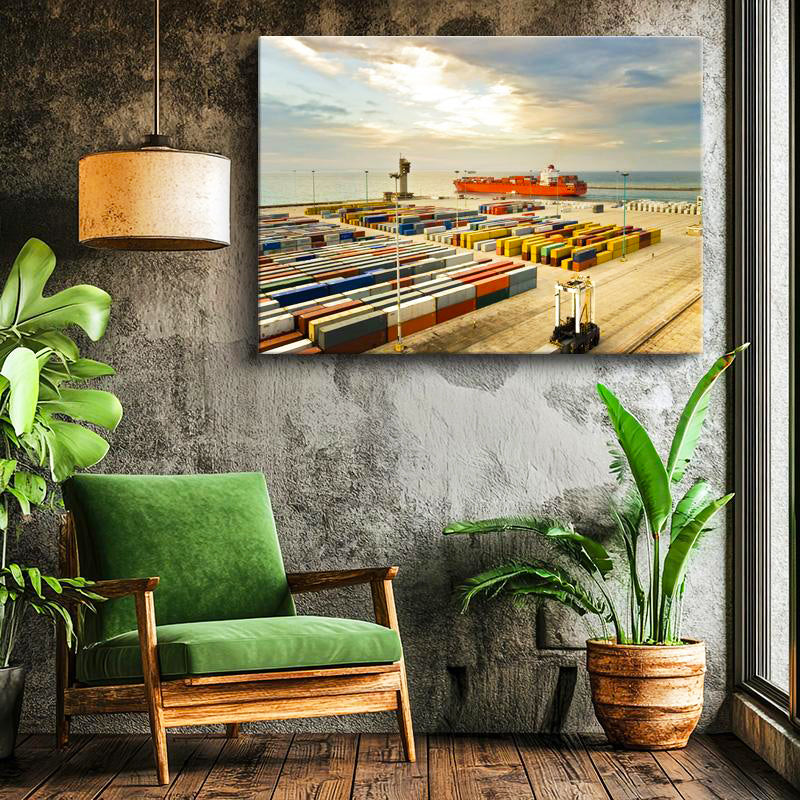 Yatay Kanvas Tablo Konteyner Sahası Ve Yük Gemisi Lojistik Uzmanı Tablosu Ev Ofis Duvar Dekoru