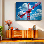 Yatay Kanvas Tablo Kırmızı Vinç Ve Bulutlu Mavi Gökyüzü İnşaat Mühendisi Tablosu Ev Ofis Dekoru