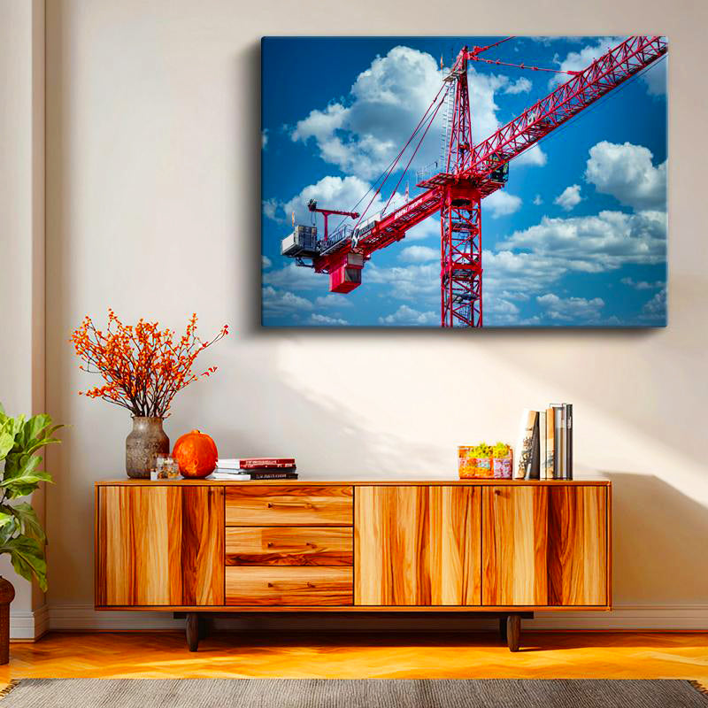 Yatay Kanvas Tablo Kırmızı Vinç Ve Bulutlu Mavi Gökyüzü İnşaat Mühendisi Tablosu Ev Ofis Dekoru