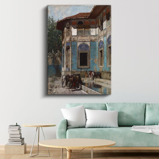 Osmanlı Mimarisi - Mavi Çinili Yapı ve Atlar Kanvas Tablo