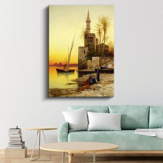 Gün Batımı - Cami ve Yelkenli Manzarası Kanvas Tablo