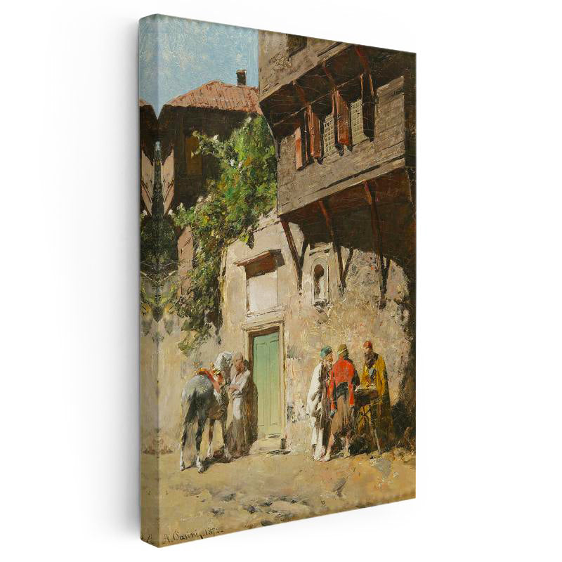 Dikey Kanvas Tablo Ahşap Evler ve Sokak Yaşamı Osmanlı Tablosu Ev Ofis Duvar Dekoru