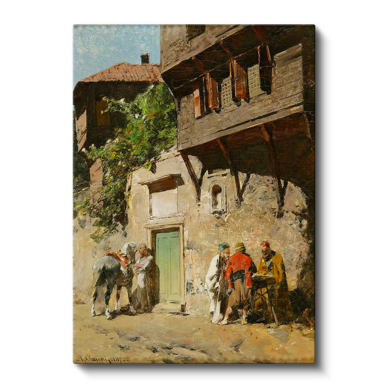 Dikey Kanvas Tablo Ahşap Evler ve Sokak Yaşamı Osmanlı Tablosu Ev Ofis Duvar Dekoru