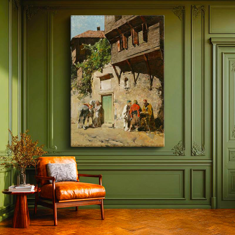 Dikey Kanvas Tablo Ahşap Evler ve Sokak Yaşamı Osmanlı Tablosu Ev Ofis Duvar Dekoru