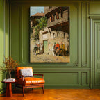 Dikey Kanvas Tablo Ahşap Evler ve Sokak Yaşamı Osmanlı Tablosu Ev Ofis Duvar Dekoru