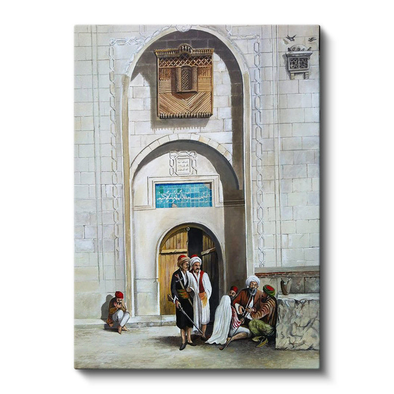 Dikey Kanvas Tablo Taş Kapı ve Ahşap Cumba Osmanlı Tablosu Ev Ofis Duvar Dekoru