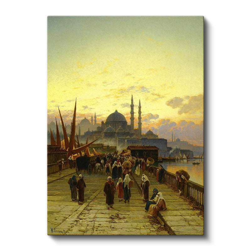 Dikey Kanvas Tablo Eski İstanbul Köprüsü ve Halk Osmanlı Tablosu Ev Ofis Duvar Dekoru