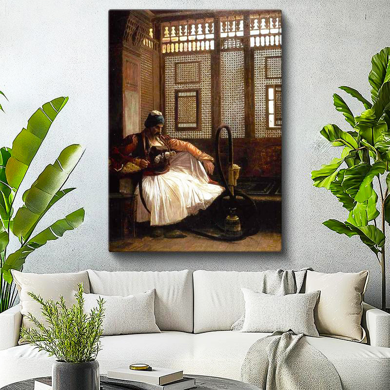 Dikey Kanvas Tablo Ahşap Kafesli Oda ve Nargile Osmanlı Tablosu Ev Ofis Duvar Dekoru