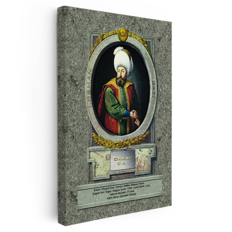 Dikey Kanvas Tablo Osman Gazi Han Padişah Portresi Osmanlı Tablosu Ev Ofis Duvar Dekoru