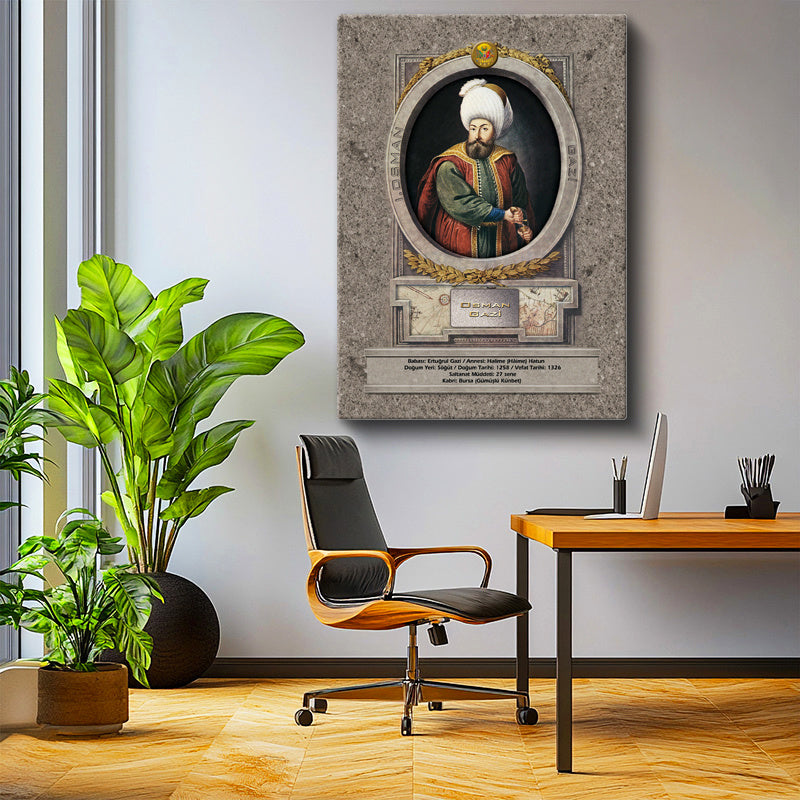 Dikey Kanvas Tablo Osman Gazi Han Padişah Portresi Osmanlı Tablosu Ev Ofis Duvar Dekoru