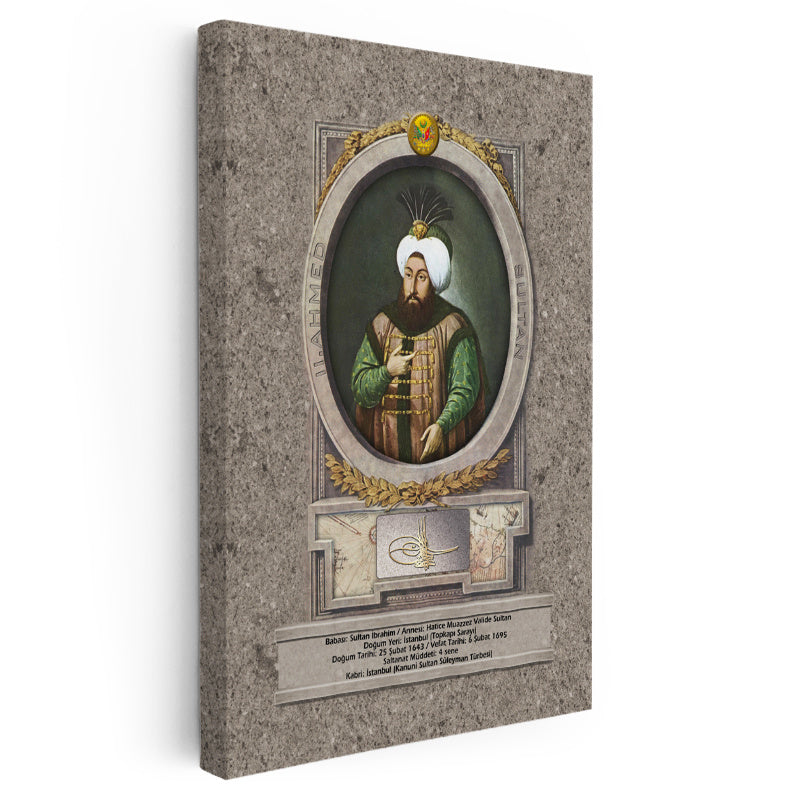 Dikey Kanvas Tablo İkinci Ahmed Han Padişah Portresi Osmanlı Tablosu Ev Ofis Duvar Dekoru