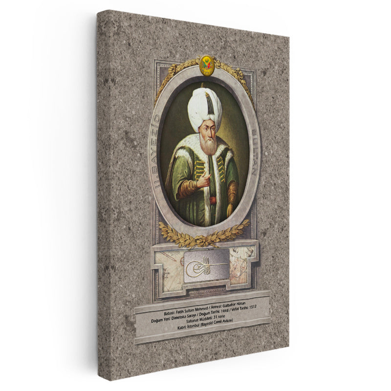 Dikey Kanvas Tablo İkinci Bayezid Han Padişah Portresi Osmanlı Tablosu Ev Ofis Duvar Dekoru