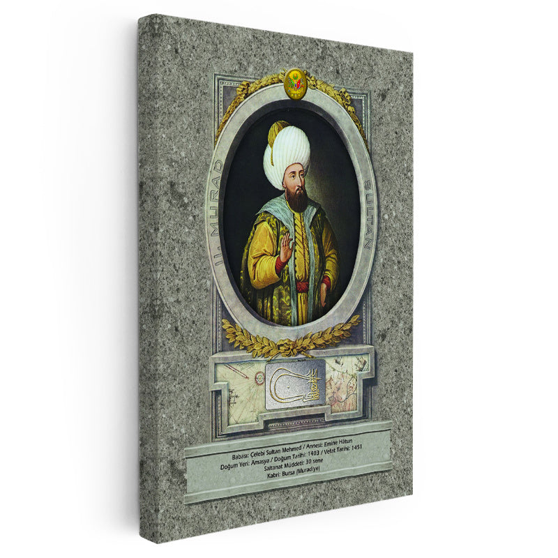 Dikey Kanvas Tablo İkinci Murad Han Padişah Portresi Osmanlı Tablosu Ev Ofis Duvar Dekoru
