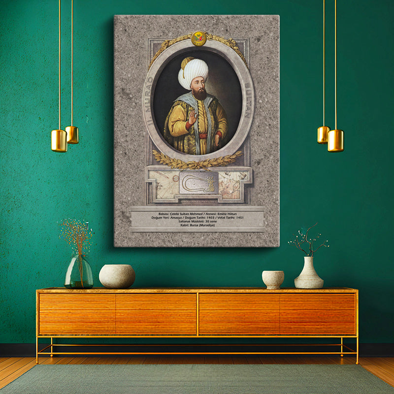 Dikey Kanvas Tablo İkinci Murad Han Padişah Portresi Osmanlı Tablosu Ev Ofis Duvar Dekoru