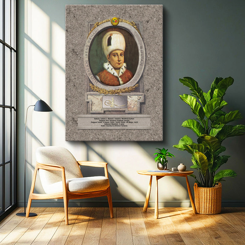 Dikey Kanvas Tablo Genç Osman Han Padişah Portresi Osmanlı Tablosu Ev Ofis Duvar Dekoru